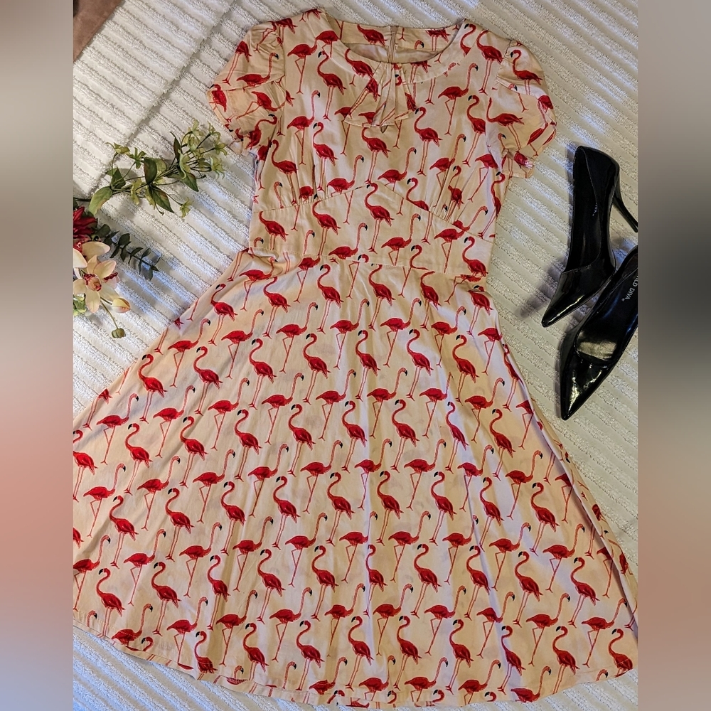 Lindy Bop Cream and Red Flamingo Midi Dress